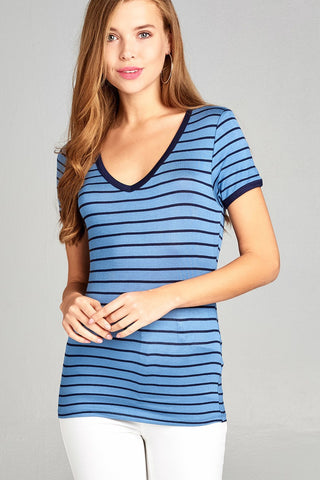 Ladies fashion short sleeve v-neck yarn dyed stripe rayon spandex top