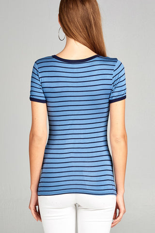 Ladies fashion short sleeve v-neck yarn dyed stripe rayon spandex top