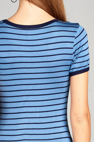 Ladies fashion short sleeve v-neck yarn dyed stripe rayon spandex top