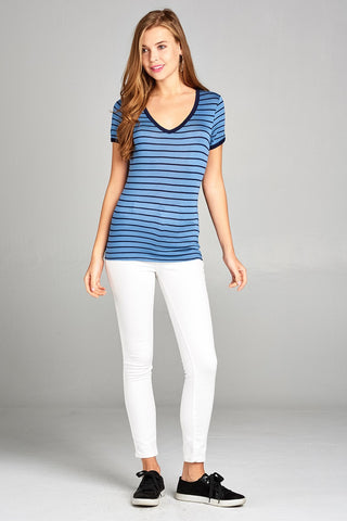 Ladies fashion short sleeve v-neck yarn dyed stripe rayon spandex top