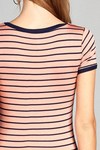 Ladies fashion short sleeve v-neck yarn dyed stripe rayon spandex top