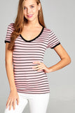 Ladies fashion short sleeve v-neck yarn dyed stripe rayon spandex top