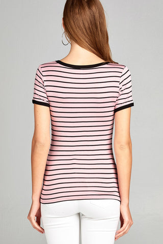 Ladies fashion short sleeve v-neck yarn dyed stripe rayon spandex top