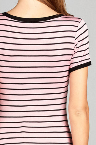 Ladies fashion short sleeve v-neck yarn dyed stripe rayon spandex top