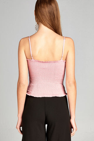 Ladies fashion smocked detail front shirring w/strap cami crop rayon spandex top