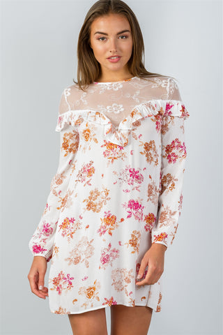 Ladies fashion boho ivory long-sleeve lace-inset shift dress - merchandiserus2