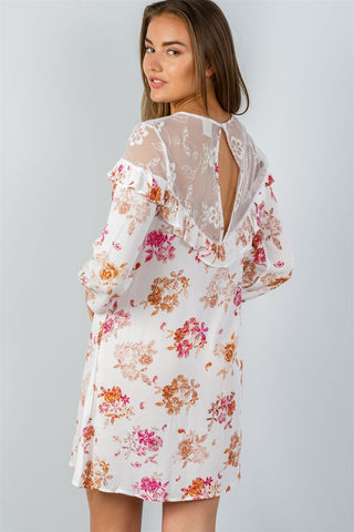 Ladies fashion boho ivory long-sleeve lace-inset shift dress - merchandiserus2