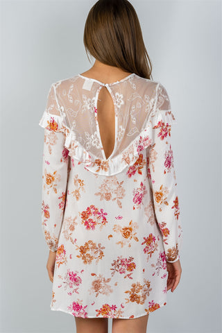 Ladies fashion boho ivory long-sleeve lace-inset shift dress - merchandiserus2