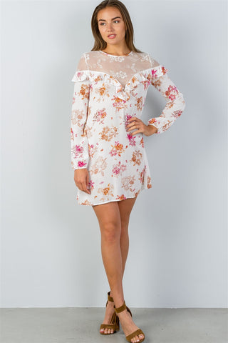 Ladies fashion boho ivory long-sleeve lace-inset shift dress - merchandiserus2