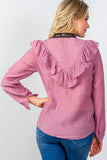Ladies fashion pink pointelle ruffle contrast crochet trim top