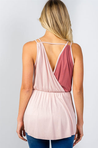 Ladies fashion pink color-block v-neck crossover top