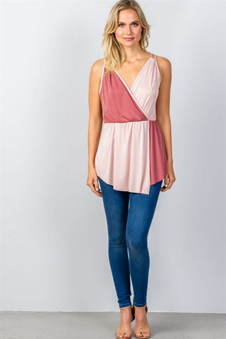 Ladies fashion pink color-block v-neck crossover top