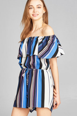 Ladies fashion off the shoulder flounce multi stripe woven romper