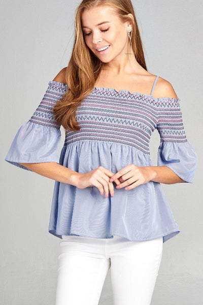 Ladies fashion short sleeve open shoulder w/special smoked stripe woven top