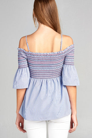 Ladies fashion short sleeve open shoulder w/special smoked stripe woven top