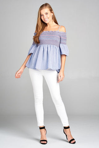 Ladies fashion short sleeve open shoulder w/special smoked stripe woven top