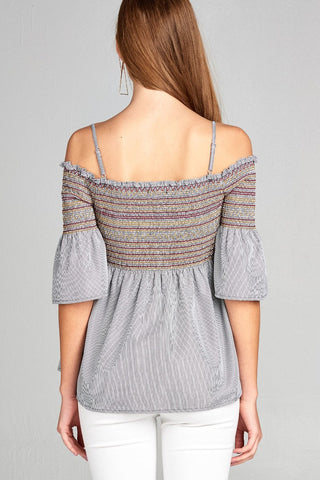 Ladies fashion short sleeve open shoulder w/special smoked stripe woven top