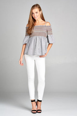 Ladies fashion short sleeve open shoulder w/special smoked stripe woven top