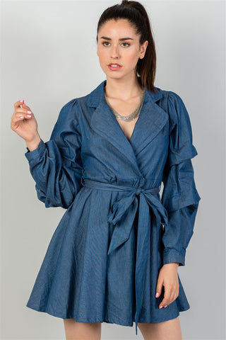 Ladies fashion  denim tiered sleeve self tie waist dress - merchandiserus2