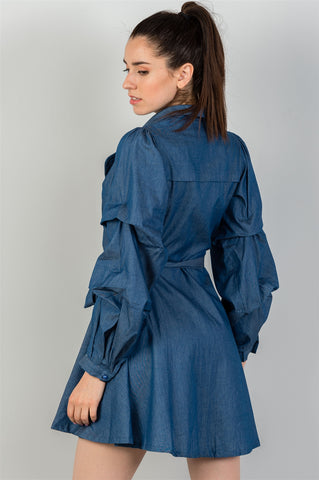 Ladies fashion  denim tiered sleeve self tie waist dress - merchandiserus2