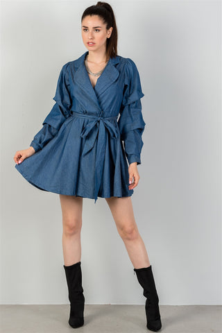 Ladies fashion  denim tiered sleeve self tie waist dress - merchandiserus2