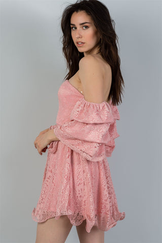 Ladies fashion flounce-hem off the shoulder lace mini dress - merchandiserus2