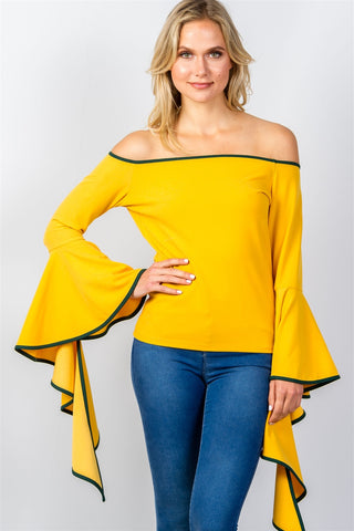 Ladies fashion contrast trim flared sleeve bardot top