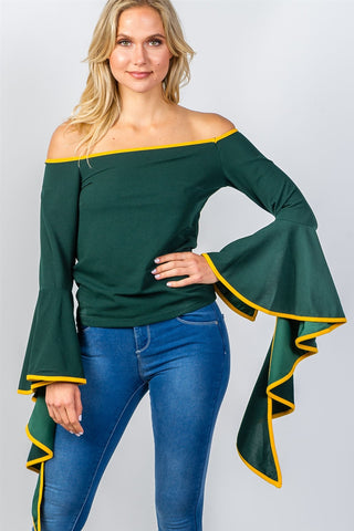 Ladies fashion contrast trim flared sleeve bardot top