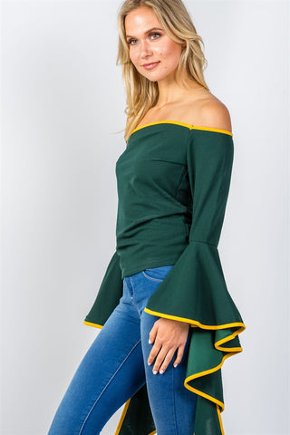 Ladies fashion contrast trim flared sleeve bardot top