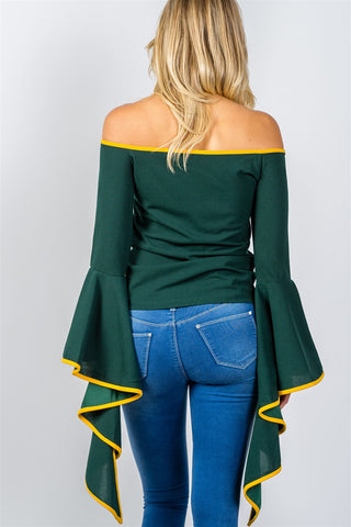 Ladies fashion contrast trim flared sleeve bardot top