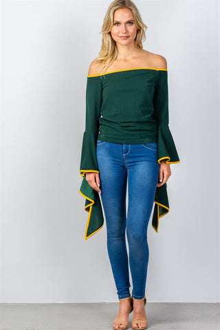 Ladies fashion contrast trim flared sleeve bardot top