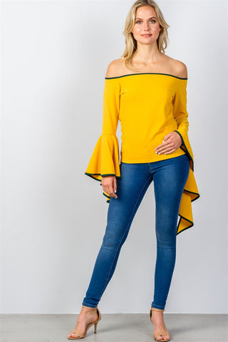 Ladies fashion contrast trim flared sleeve bardot top