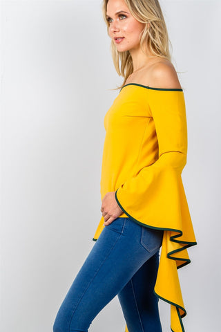 Ladies fashion contrast trim flared sleeve bardot top