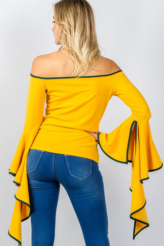 Ladies fashion contrast trim flared sleeve bardot top