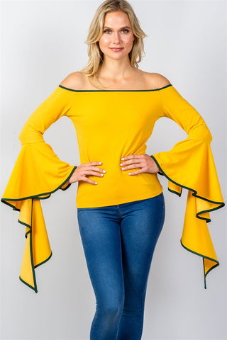 Ladies fashion contrast trim flared sleeve bardot top