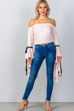 Ladies fashion pink ruffles flare sleeve off the shoulder blouse