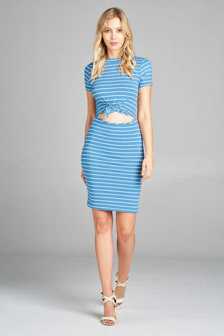 Ladies fashion short sleeve round neck front hold w/self tie stripe ribbed midi dress - merchandiserus2