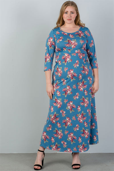 Ladies fashion plus size  sky blue & floral print maxi dress