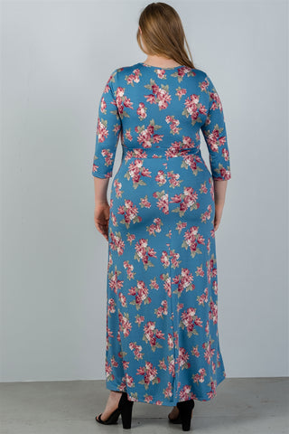 Ladies fashion plus size  sky blue & floral print maxi dress