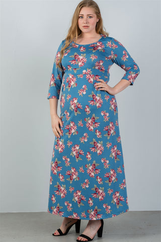 Ladies fashion plus size  sky blue & floral print maxi dress