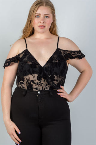 Ladies fashion plus size cold shoulder black velvet floral burnout bodysuit