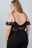 Ladies fashion plus size cold shoulder black velvet floral burnout bodysuit