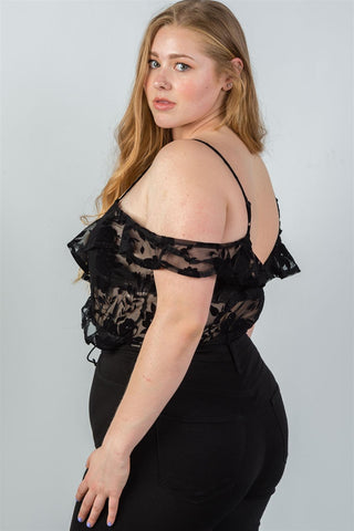 Ladies fashion plus size cold shoulder black velvet floral burnout bodysuit
