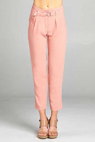 Ladies fashion high rise w/double metal trim belt long leg woven trousers