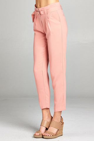 Ladies fashion high rise w/double metal trim belt long leg woven trousers