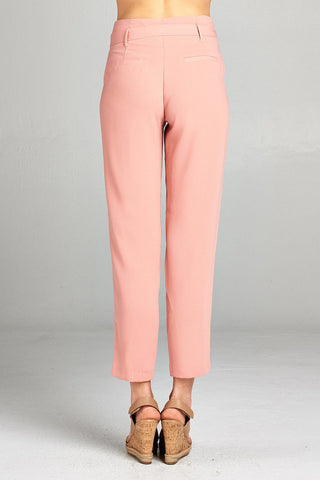 Ladies fashion high rise w/double metal trim belt long leg woven trousers