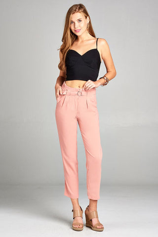 Ladies fashion high rise w/double metal trim belt long leg woven trousers