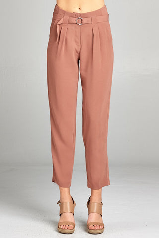 Ladies fashion high rise w/double metal trim belt long leg woven trousers