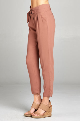 Ladies fashion high rise w/double metal trim belt long leg woven trousers