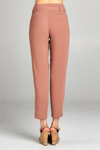 Ladies fashion high rise w/double metal trim belt long leg woven trousers